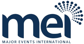 Major events international logo in blue with a starburst dot pattern over the i in MEI